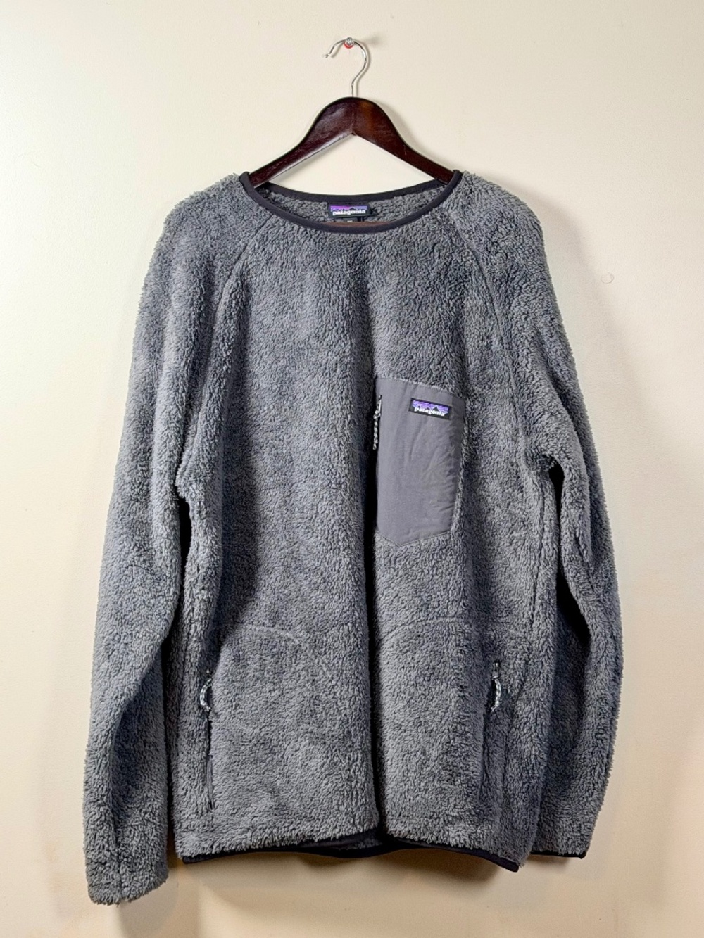 Patagonia Gray Sherpa Pullover Sweater Crew Neck with Chest & Side Pockets (XXL)